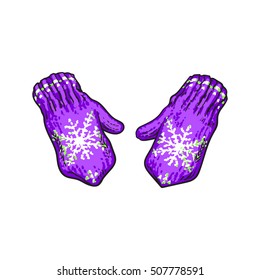 Pair of bright purple winter knitted mittens with snowflakes, sketch style vector illustrations isolated on white background. Hand drawn woolen mittens with knitted snoflakes, winter accessory