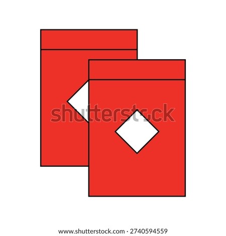A pair of bright red envelopes, each adorned with a simple white diamond shape, representing traditional gifts and festive occasions.