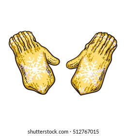 Pair of bright yellow winter knitted mittens with snowflakes, sketch style vector illustrations isolated on white background. 