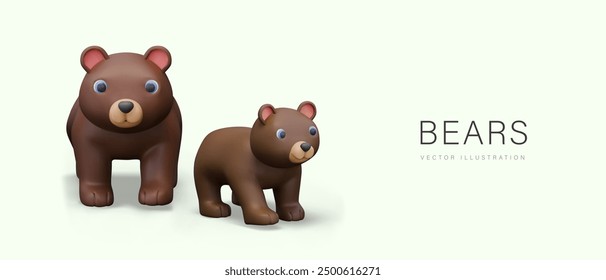 Pair of brown bears. Parent and child. Wild animals in realistic cartoon style