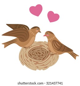 Pair brown birds sitting in the nest. Romantic elements for wedding design.