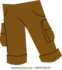 A pair of brown cargo pants is shown in a minimalist style with dark outlines.  The apparel is depicted with pockets and cuffs in a basic flat illustration. Cartoon vector illustration