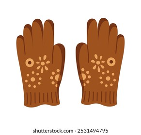 Par de guantes marrones con adorno floral objeto de Vector de color plano. Ilustración de moda de ropa de mano de punto de invierno caliente sobre fondo blanco