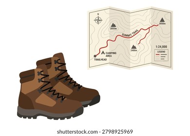Pair of brown hiking boots and folded topographic map showing summit trail and camping area for outdoor adventure.