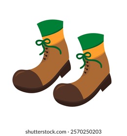 pair of brown hiking boots with green and yellow accents, laces tied, isolated on a white background, concept of footwear