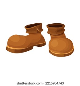 Pair brown leather walking boots in cartoon style isolated on white background. Game element