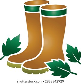 Pair of brown rubber rain boots with green trim details, surrounded by autumn fallen leaves. Minimalist fall season footwear graphic isolated on white background, perfect for autumn weather, gardening, and rainy day designs.