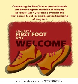 A pair of brown shoes on a mat with bold text and sentences on light yellow background to celebrate First Foot Day on January 1