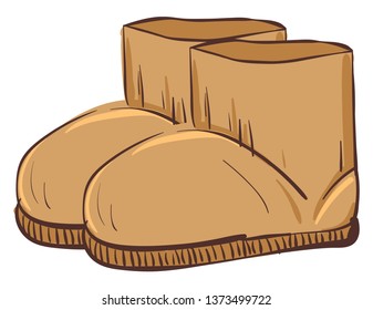 A pair of brown-colored cartoon UGG winter boots ready to be worn by someone during cold weather vector color drawing or illustration 