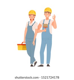 Pair of builders in blue overalls with tools. Vector illustration.