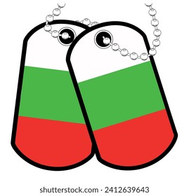 A pair of Bulgarian military dog tags with chain over a white background showing the Bulgaria national flag