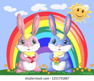 A pair of bunnies, a boy and a girl in a clearing near the rainbow. Spring, love, postcard