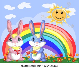 A pair of bunnies, a boy and a girl in a clearing near the rainbow. Spring, love, postcard