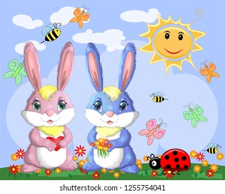 A pair of bunnies, a boy and a girl in a clearing near the rainbow. Spring, love, postcard