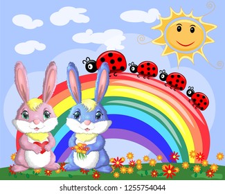 A pair of bunnies, a boy and a girl in a clearing near the rainbow. Spring, love, postcard