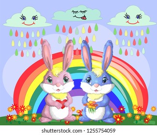 A pair of bunnies, a boy and a girl in a clearing near the rainbow. Spring, love, postcard