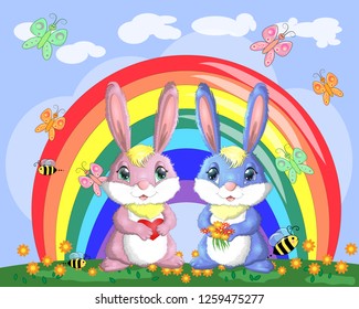A pair of bunnies, a boy and a girl in a clearing near the rainbow. Spring, love, postcard