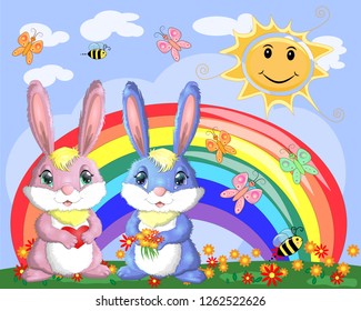 A pair of bunnies, a boy and a girl in a clearing near the rainbow. Spring, love, postcard