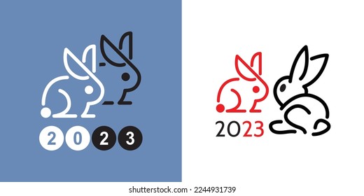 A pair of bunnies and rabbits. Outline standing rabbits. Line drawing of the Chinese new year 2023. Icon, logo, symbol and print template. New year 2023 symbol. Vector illustration.