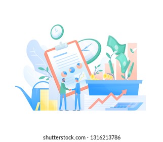 Pair of businessmen, entrepreneurs or investors shaking hands, stock exchange market graphs and money. Investment agreement or deal, funding. Colorful vector illustration in modern flat style.