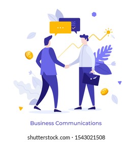 Pair of businessmen or managers shaking hands and talking. Concept of business agreement, deal, cooperation for development, growth and progress of startup company. Modern flat vector illustration.