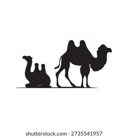 Pair of camels in silhouette. One standing majestically, other resting. Evokes desert travel and arid environment.