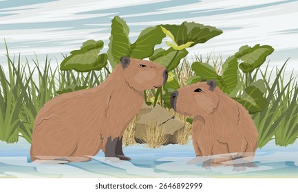 Um par de capibaras está sentado em uma lagoa. À beira de um lago com grama alta. Roedor da América do Sul. Paisagem vetorial realista