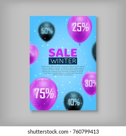 Pair cards, seasonal sale. Winter sale in the form of black and pink balls on a blue background. Vector illustration of flyers for seasonal shopping