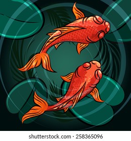 Pair of  carp fishes in a pond drawn in cartoon style.