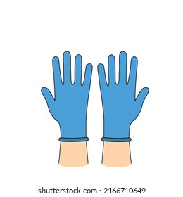 Pair of cartoon blue protective medical blue gloves on hands hand drawn isolated on white background. Flat design. Vector illustration.