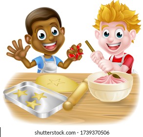 A pair of cartoon boys, one black one white, dressed as chefs or bakers baking cakes and cookies