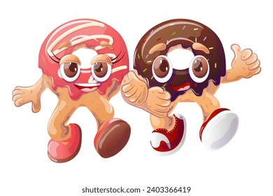 A pair of cartoon donuts in retro style. Groovy character. Retro cartoon vector illustration for print, banner, menu for cafe, restaurant, bar.
