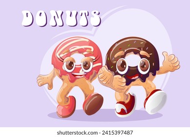 A pair of cartoon donuts in retro style on purple background. Fun characters. Retro cartoon vector illustration for print, banner, menu for cafe, restaurant, bar.