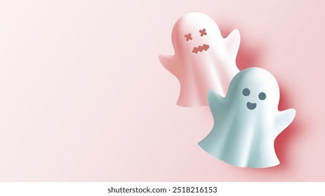 A pair of cartoon ghosts, one smiling and one with a worried expression, float on a soft pink background. Ideal for light-hearted Halloween themes or children's illustrations.