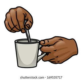 A pair of cartoon hands holding and stirring a drink. Eps 8 Vector.