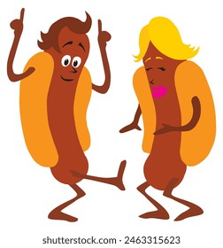 A pair of cartoon hot dogs are dancing up a storm