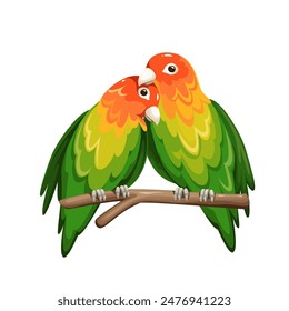 Pair of cartoon lovebirds sitting on tree branch together. Two funny small parrots with love and tenderness. Tropical bird and domestic pet mascot, cartoon couple of lovebirds vector illustration