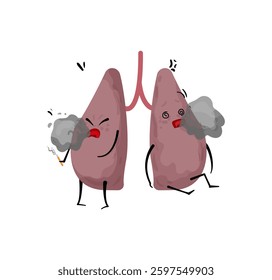 A pair of cartoon lungs, one smoking and one struggling, with a cigarette, in a humorous vector style on a white background.