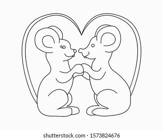 A pair of cartoon mice on white background. Line art in doodle style. Monochrome illustration, coloring page. Loving rats. Tails in the form of a heart. 