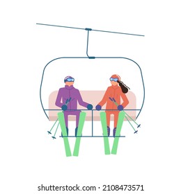 Pareja de esquiadores de dibujos animados en el elevador de esquí aislados de fondo blanco. Personajes deportistas de esquí de montaña con gafas y traje de esquí.