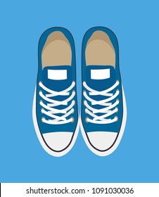 Pair of casual sneakers isolated on blue backdrop vector illustration, new footwear with white decorative elements and cords, modern shoes pattern