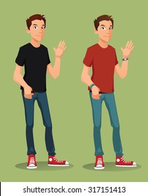 A pair of casually clothed attractive young men cheerfully waving