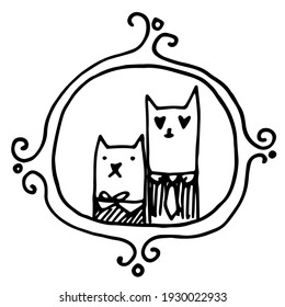 a pair of cats drawn by hand in a doodle style . Cute cat and Lady cat together and in a cute simple frame. The drawing of the cat with a black outline is stylized in the costume .