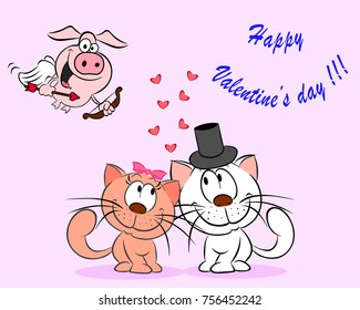 A pair of cats in love is isolated on a pink background, next to a swine cupid and the inscription Happy Valentine's Day.