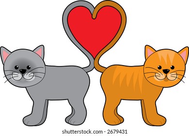 A pair of cats with their tails shaped in a heart