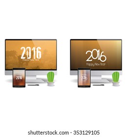 Pair of cellphones and computer screens with new year screensavers