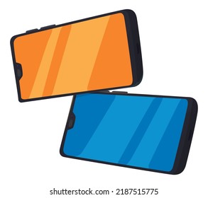 Pareja de teléfonos celulares con colores de pantalla naranja y azul y espacio vacío. Diseño aislado al estilo de las caricaturas.