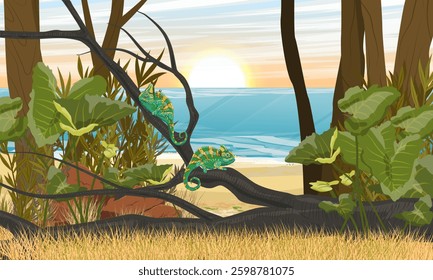 A pair of chameleons sit on a branch of a tropical tree. Jungle on the seashore. Realistic vector landscape