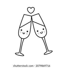 Pair of champagne glasses with cute faces. Outline illustration. Symbol of New Year celebration. Vector isolated emblem for logo, coloring book, tattoo, print.