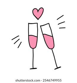 Pair of champagne glasses with heart isolated on white background in doodle style. Hand drawn cute champagne glass for Valentines Day, weddings. Use champagne glass for celebrating love and Valentine